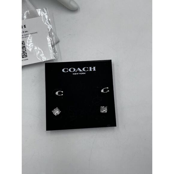 COACH 2 Pair Set Signature Logo C and Crystal Stud Earring Set New With Pouch - Picture 8 of 9